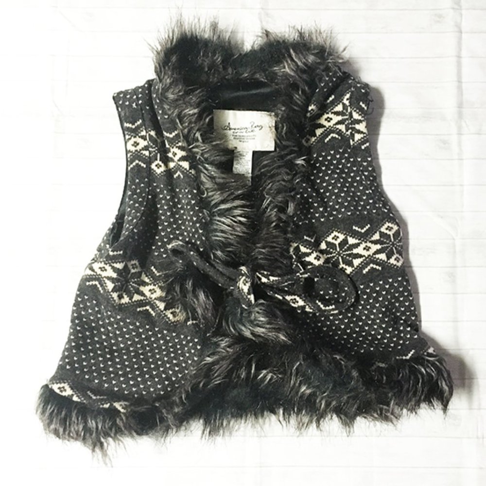 American Rag Fur-Lined Cropped Nordic Tie Vest